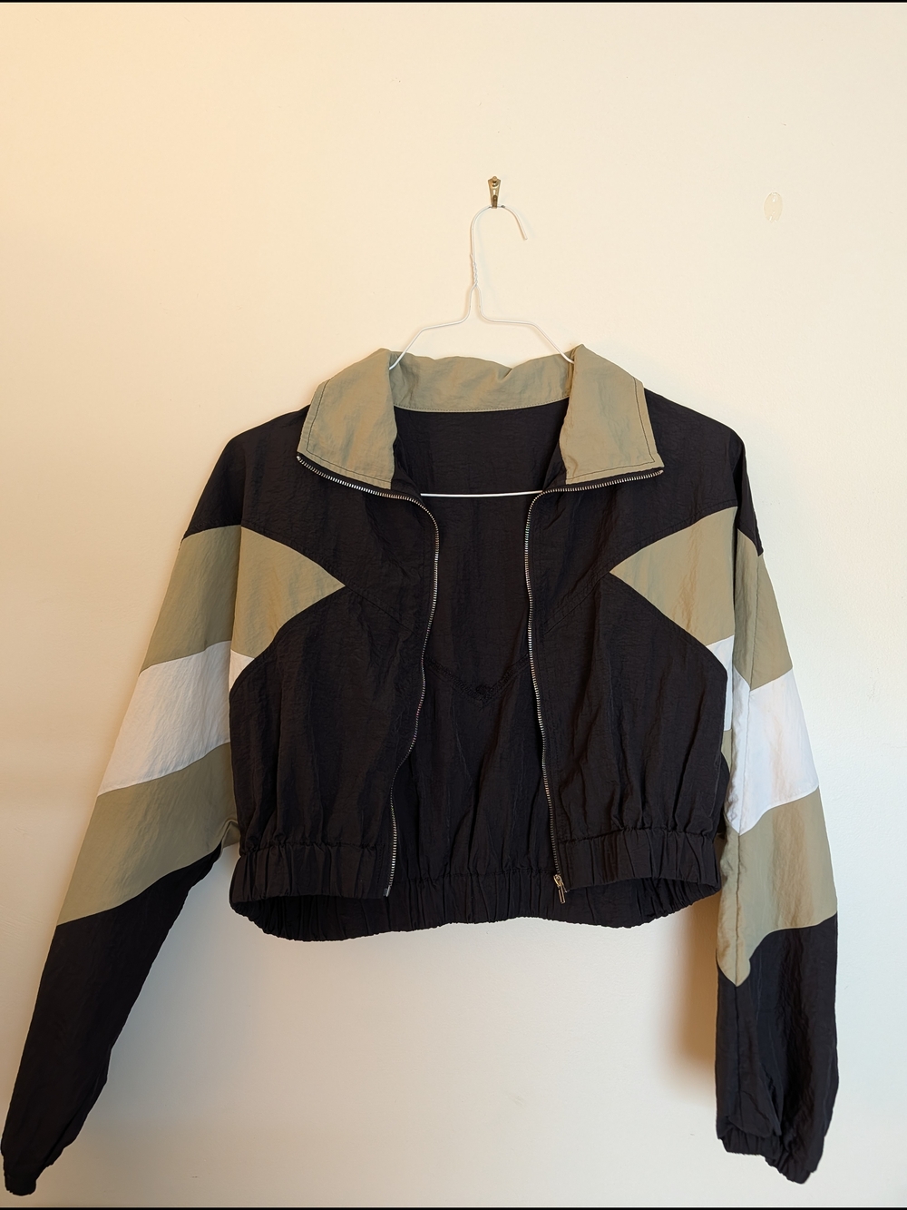 Womens Colorblock Cropped Track Jacket  Wind Bracker- Black & Tan